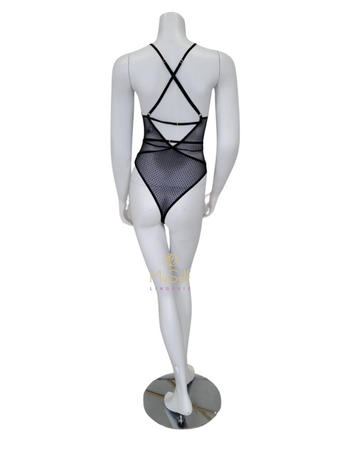 Mapale 8507 Sheer Black Bodysuit with Criss Cross Back myselflingerie.com